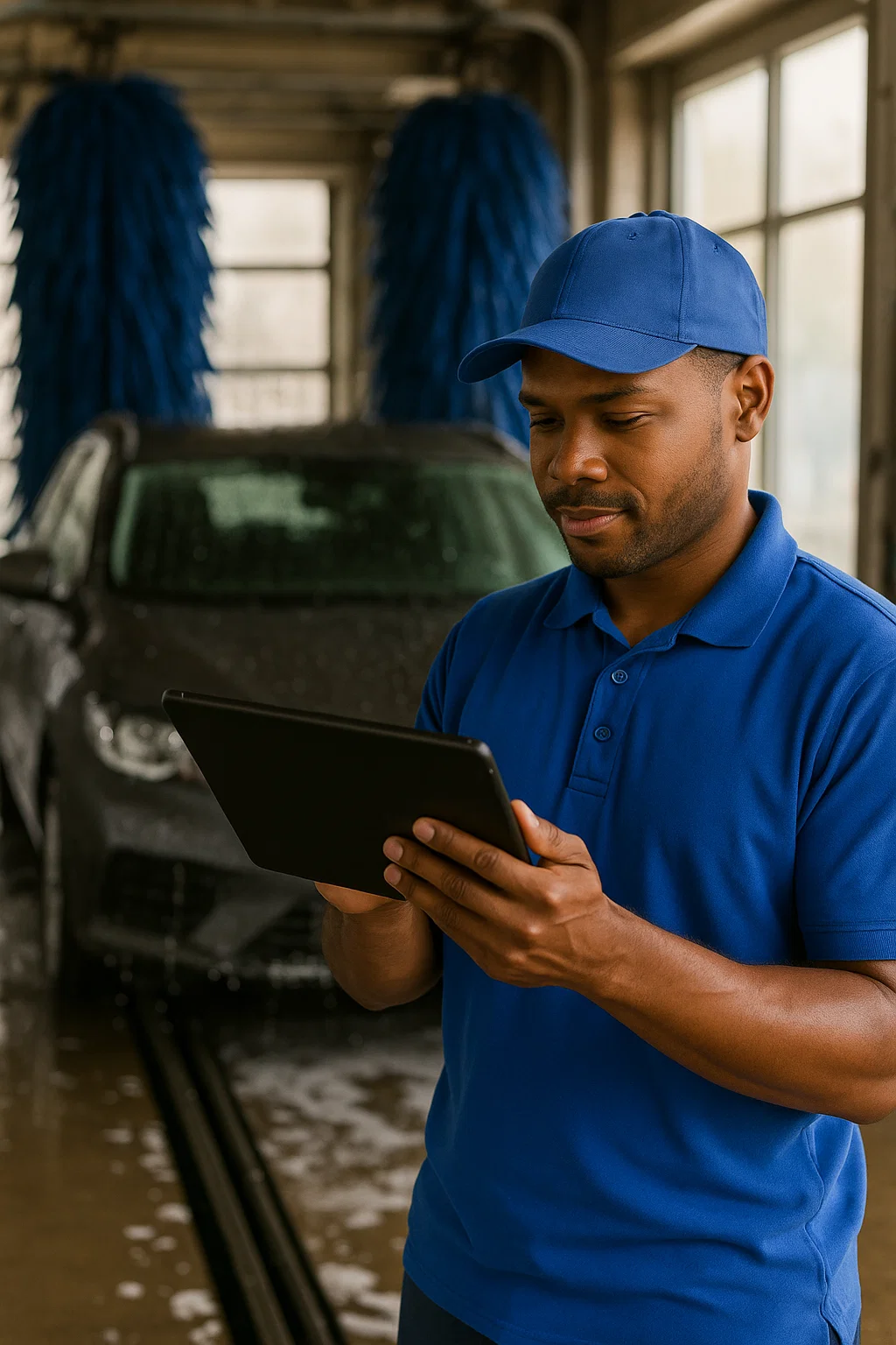 Car wash employee managing customer data on tablet