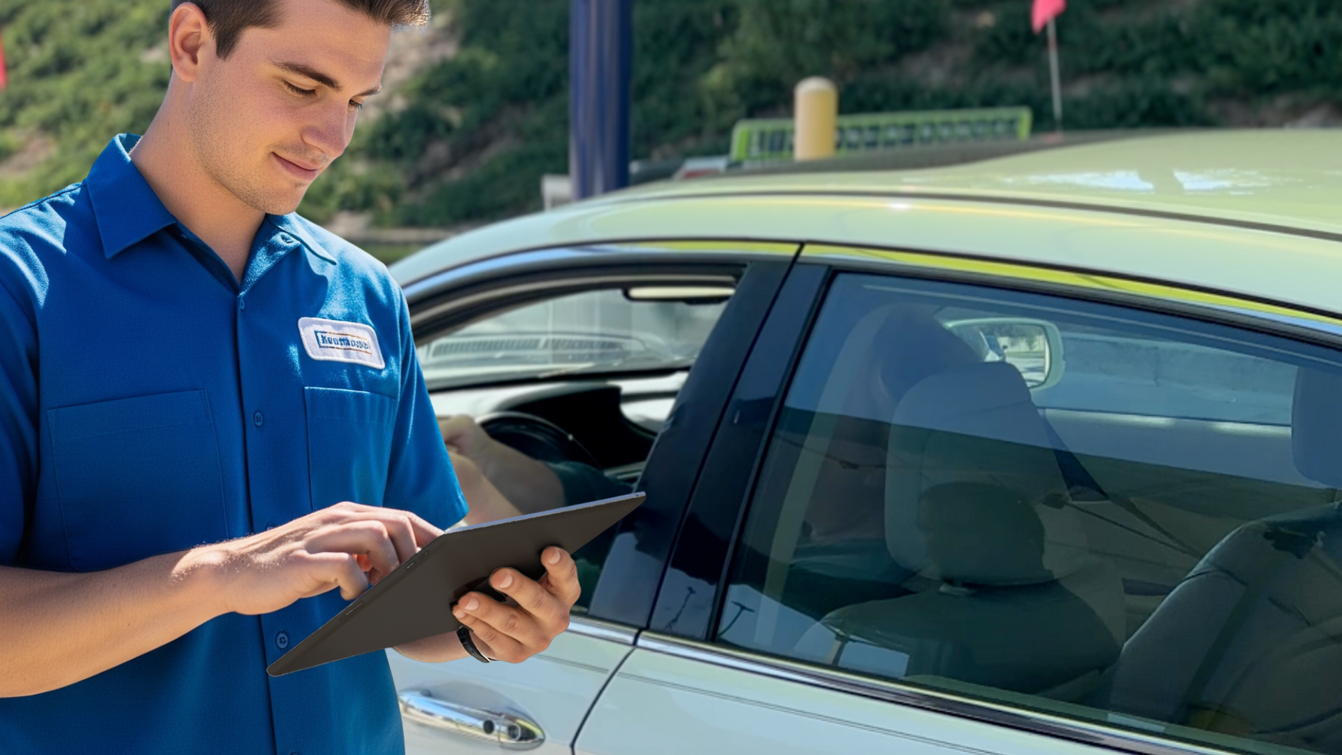Car wash employee using FlexWash POS tablet to serve customers in line at busy car wash