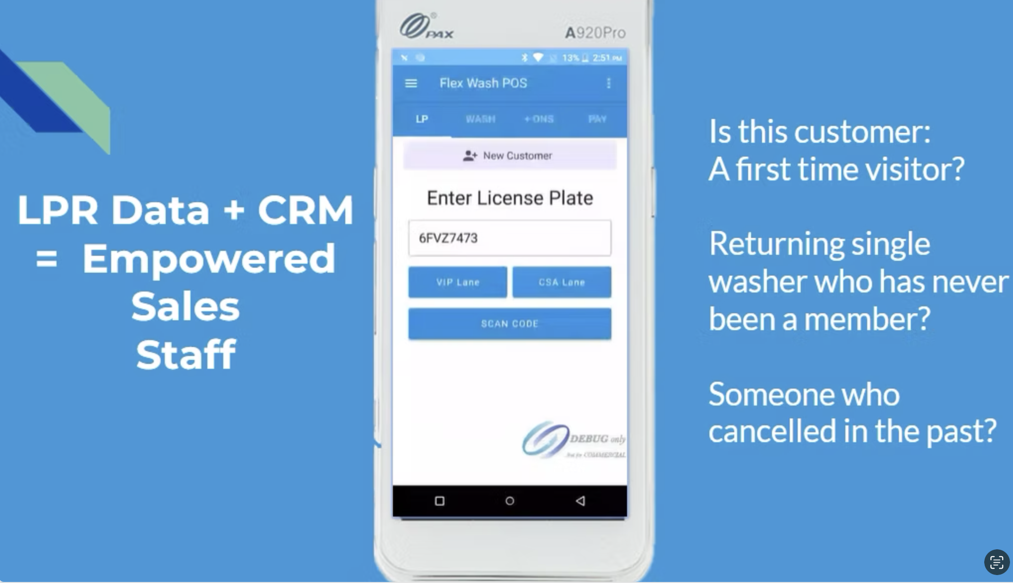 FlexWash tablet interface showing customer data