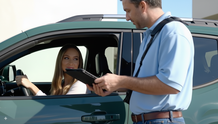 Car wash attendant using tablet POS with customer in vehicle