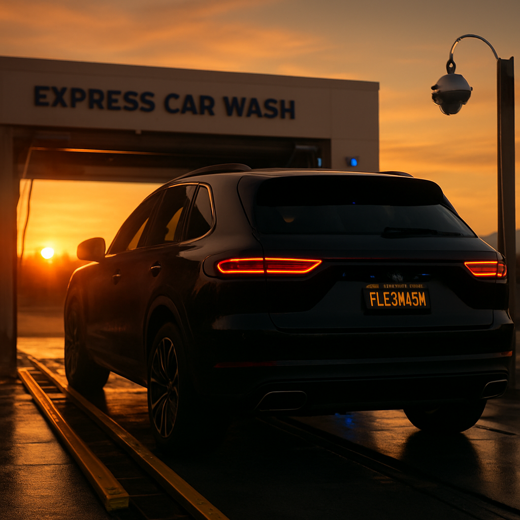 A vehicle aligning on a wash correlator at sunset while a loader guides the driver and a FlexWash LPR camera reads the California FLEXWASH plate