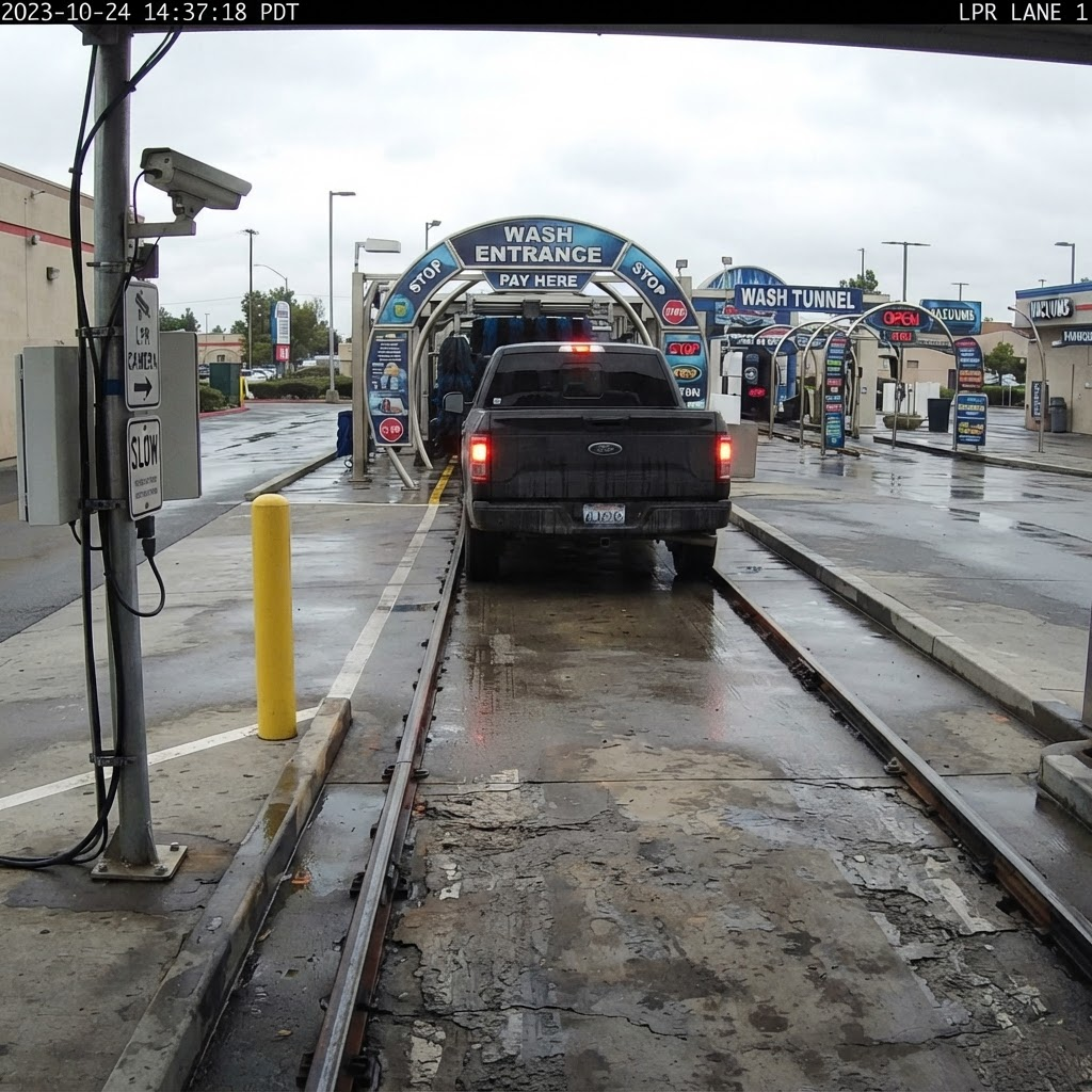 Distant wash-lane camera view of a stacked-prefix plate on a black pickup in a FlexWash lane