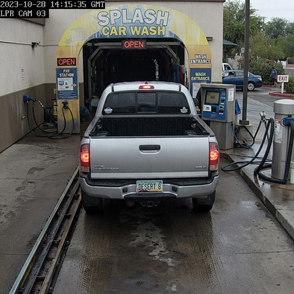 Rear camera view of a specialty-layout plate on a silver pickup in a FlexWash lane